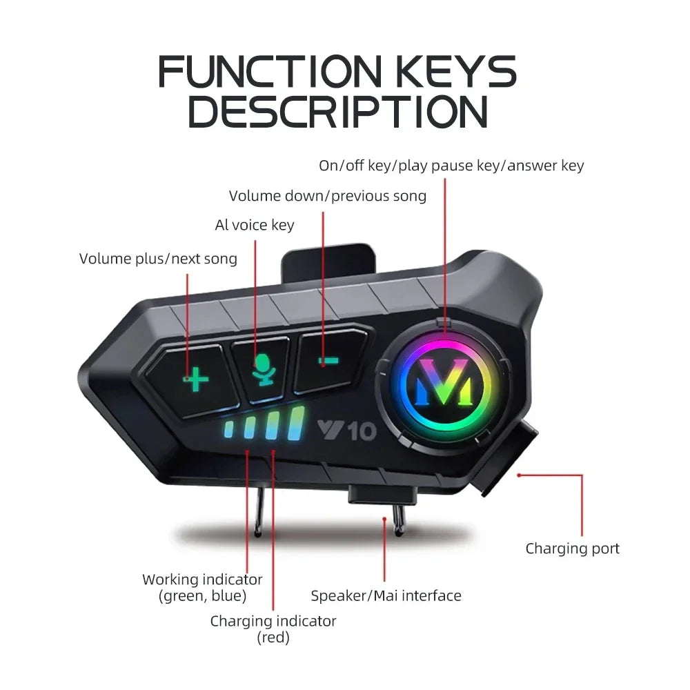 Y10 Motorcycle Bluetooth 5.3 Helmet Headset with Colorful Lights Waterproof Wireless Earphone Hands-Free Headset Waterproof
