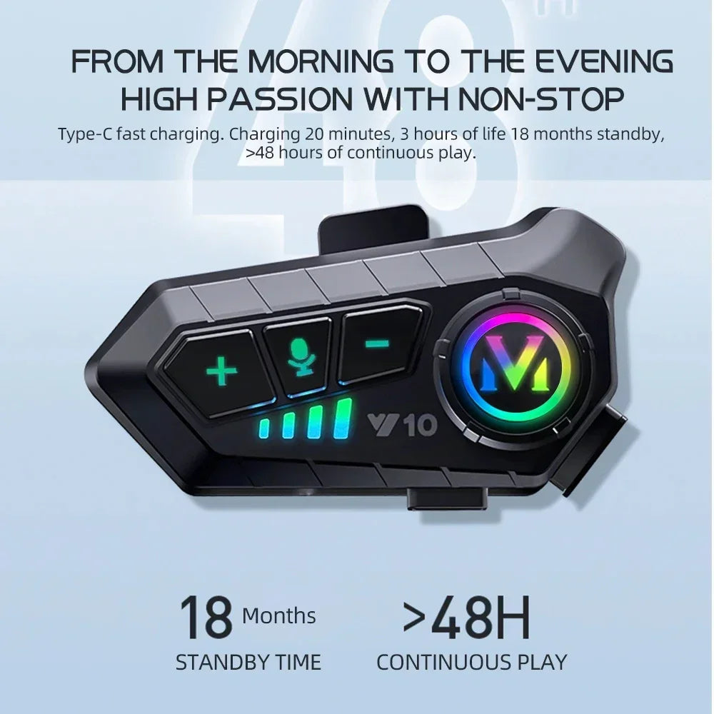 Y10 Motorcycle Bluetooth 5.3 Helmet Headset with Colorful Lights Waterproof Wireless Earphone Hands-Free Headset Waterproof